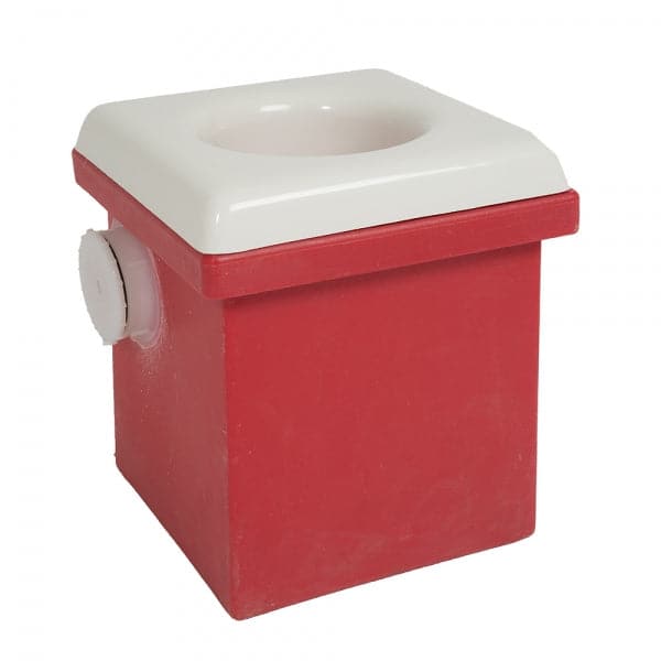 Red square-shaped container with a white lid and side knob from Coyote River Gear, ideal for use in the Portable Camp Toilet System II.