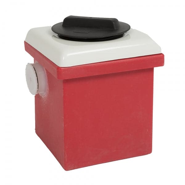 The Portable Camp Toilet System II by Coyote River Gear is a red and white plastic container with a black lid and side opening, offering convenience on the go.