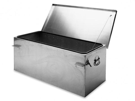 The Down River Equipment Gunnison Drybox, made with aircraft-grade aluminum, includes a hinged lid and side handles for easy carrying. With a rubber gasket, it keeps items secure and dry.