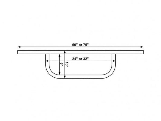Check out the technical diagram of the Foot Bar by Down River Equipment. Available in lengths of 60" or 75", widths of 24" or 32", a height of 10", and a diameter of 1.5", it's perfect as a sturdy kickbar for your setup.