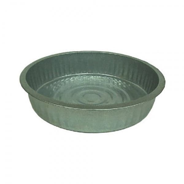 The Galvanized Steel Fire Pan by Behrens features a ribbed exterior and smooth interior. This round, silver pan is perfect for river trips requiring versatile cookware, making it ideal for adventures by Coyote River Gear.