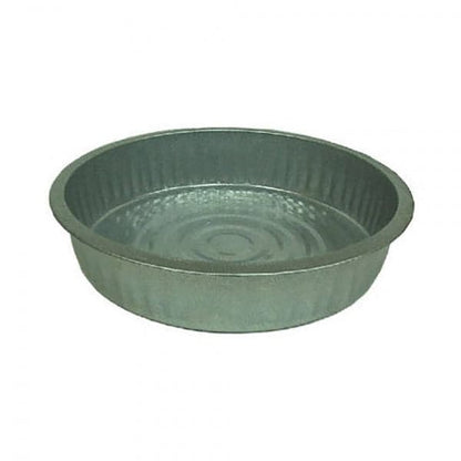 The Galvanized Steel Fire Pan by Behrens features a ribbed exterior and smooth interior. This round, silver pan is perfect for river trips requiring versatile cookware, making it ideal for adventures by Coyote River Gear.