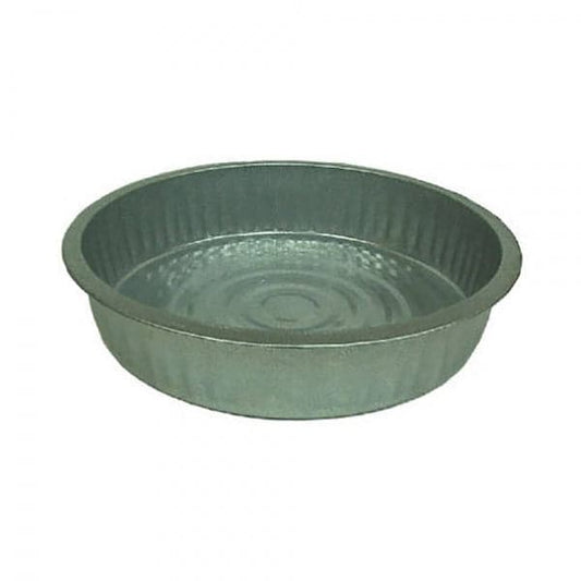 The Galvanized Steel Fire Pan by Behrens features a ribbed exterior and smooth interior. This round, silver pan is perfect for river trips requiring versatile cookware, making it ideal for adventures by Coyote River Gear.