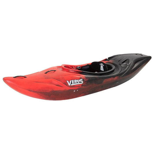 Featuring the Flux creek boat, new, pre-order, river runner kayak manufactured by Verus shown here from one angle.