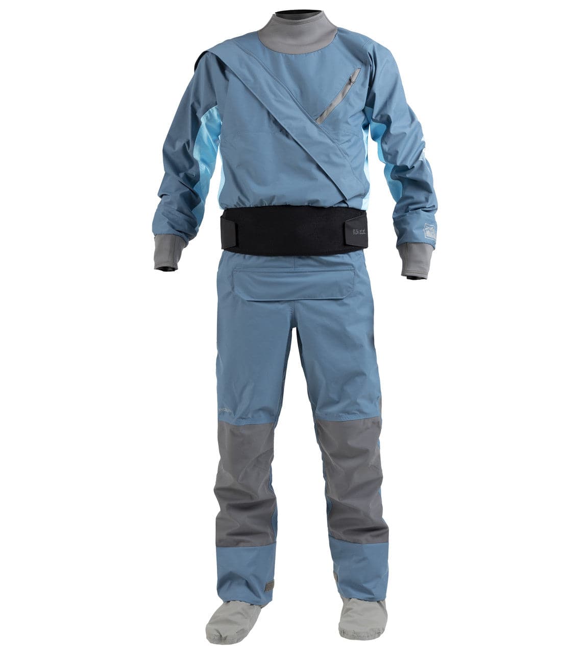 The Kokatat Hydrus 3.0 Meridian Drysuit for men, in blue and gray, features sealed cuffs and an asymmetrical chest zipper. It includes a black waist belt and is shown against a white backdrop.