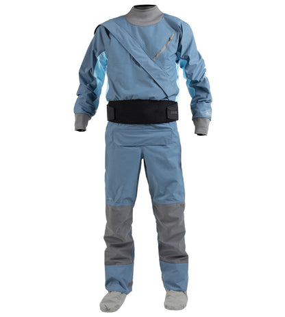The Kokatat Hydrus 3.0 Meridian Drysuit for men, in blue and gray, features sealed cuffs and an asymmetrical chest zipper. It includes a black waist belt and is shown against a white backdrop.