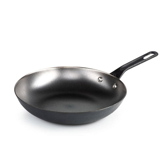 The Guidecast Frying Pan by GSI Outdoors, featuring a black finish and metal handle, designed for gourmet cooking, rests on a plain white background.
