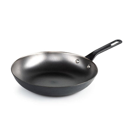 The GSI Outdoors Guidecast Frying Pan, ideal for gourmet cooking, is black and metal with a hangable handle. Made from lightweight cast iron, it offers corrosion resistance and long-lasting durability against a plain white background.