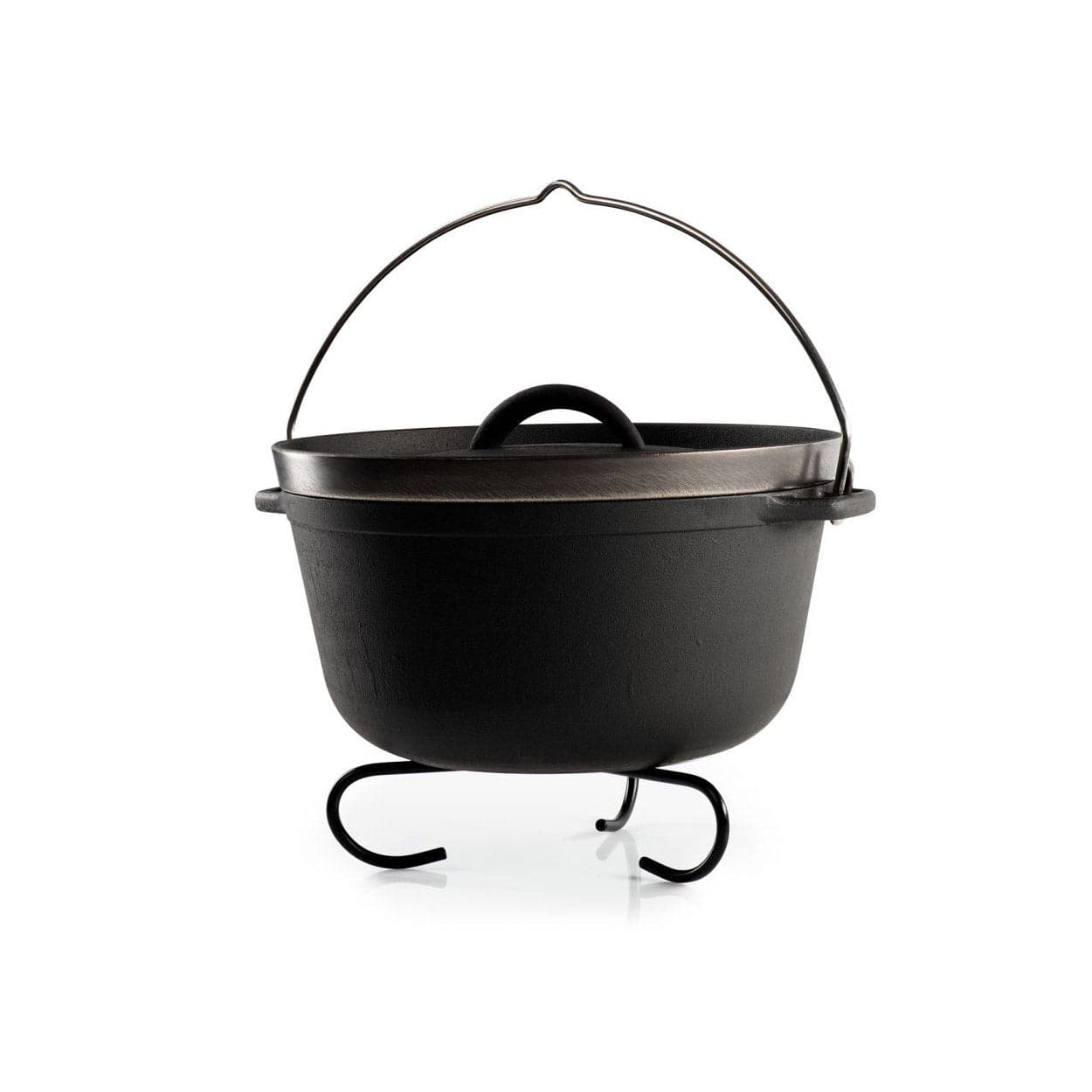 The GSI Outdoors Guidecast Dutch Oven is a black, lightweight cast iron pot with a lid. It sits on a stand and has a metal handle for easy hanging or carrying. Its versatile design is ideal for various cooking methods, boasting durability and a corrosion-resistant finish.