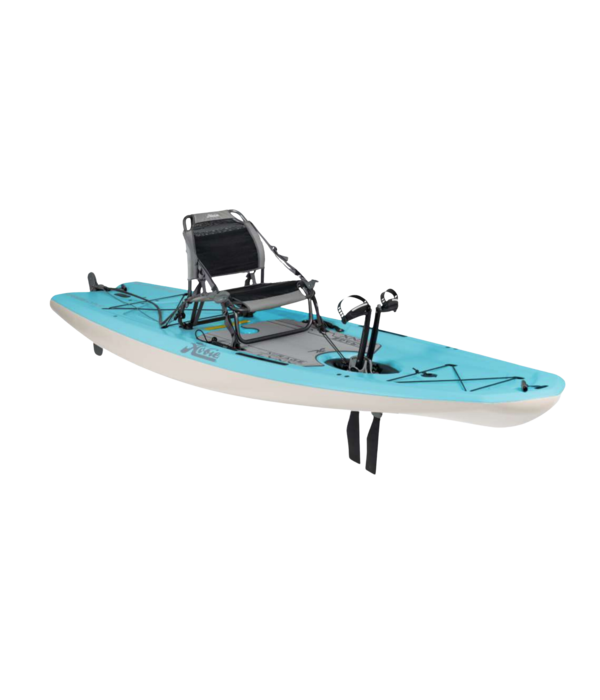 Featuring the Lynx 11 fishing kayak, pedal drive kayak manufactured by Hobie shown here from a seventh angle.