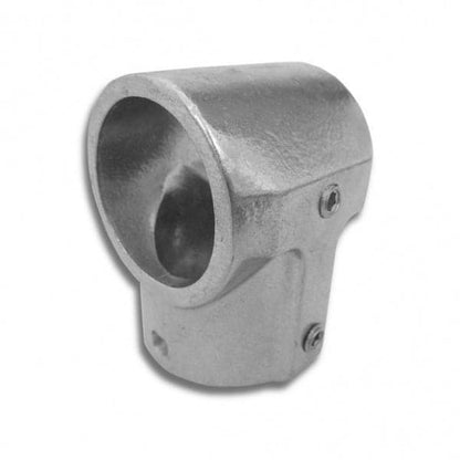 The Speedrail #5E Tee Fittings by Down River Equipment are metal fittings with rounded openings and screws, perfect for angular pipe connections. Ideal for raft frames, they feature adjustable cross bars for secure and versatile connections.