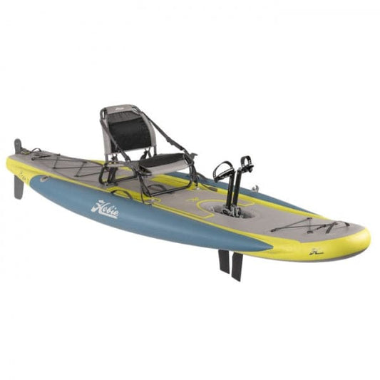 Featuring the Mirage iTrek 11 inflatable kayak, pedal drive kayak manufactured by Hobie shown here from one angle.