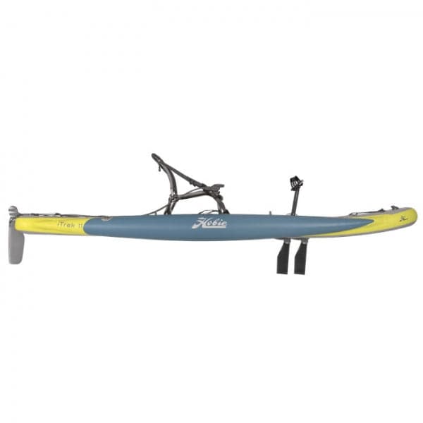 Featuring the Mirage iTrek 11 inflatable kayak, pedal drive kayak manufactured by Hobie shown here from a second angle.