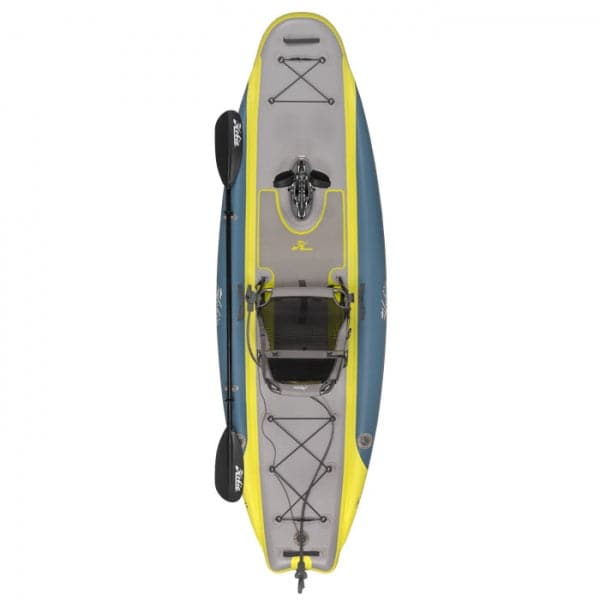Featuring the Mirage iTrek 11 inflatable kayak, pedal drive kayak manufactured by Hobie shown here from a third angle.
