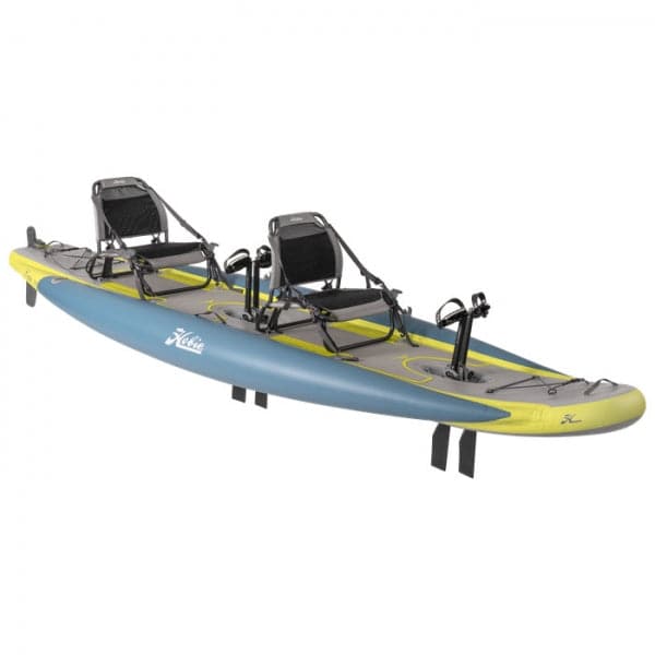 Featuring the Mirage iTrek 14 Duo inflatable kayak, pedal drive kayak, tandem / 2 person rec kayak manufactured by Hobie shown here from one angle.