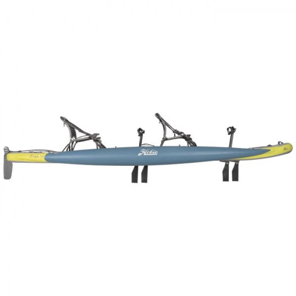 Featuring the Mirage iTrek 14 Duo inflatable kayak, pedal drive kayak, tandem / 2 person rec kayak manufactured by Hobie shown here from a third angle.