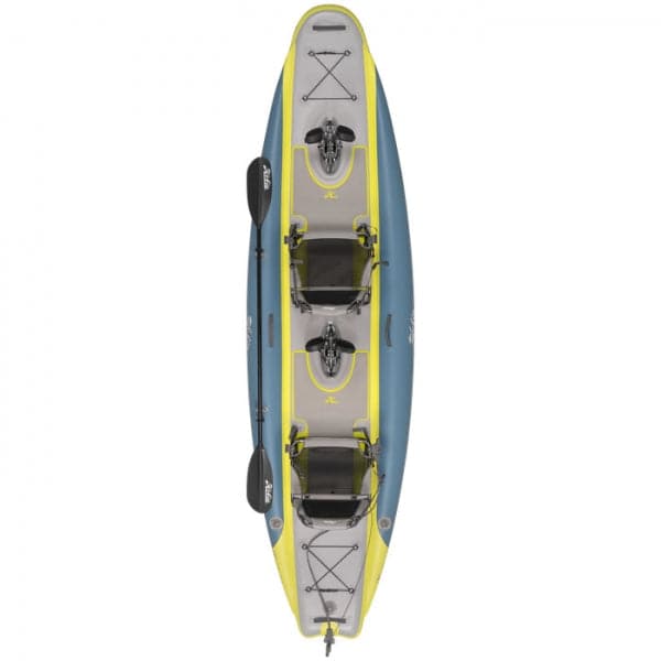 Featuring the Mirage iTrek 14 Duo inflatable kayak, pedal drive kayak, tandem / 2 person rec kayak manufactured by Hobie shown here from a second angle.