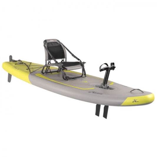 Featuring the Mirage iTrek 9 inflatable kayak, pedal drive kayak manufactured by Hobie shown here from one angle.