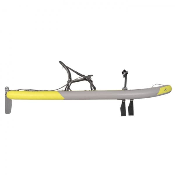 Featuring the Mirage iTrek 9 inflatable kayak, pedal drive kayak manufactured by Hobie shown here from a third angle.