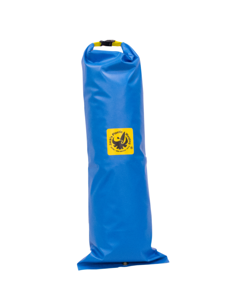 A rolled-up blue inflatable water bag with a yellow logo and black cap, from Jacks Plastic Welding's Tent Stow, designed for dry storage.