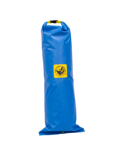 A rolled-up blue inflatable water bag with a yellow logo and black cap, from Jacks Plastic Welding's Tent Stow, designed for dry storage.