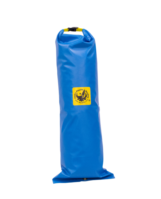 A rolled-up blue inflatable water bag with a yellow logo and black cap, from Jacks Plastic Welding's Tent Stow, designed for dry storage.