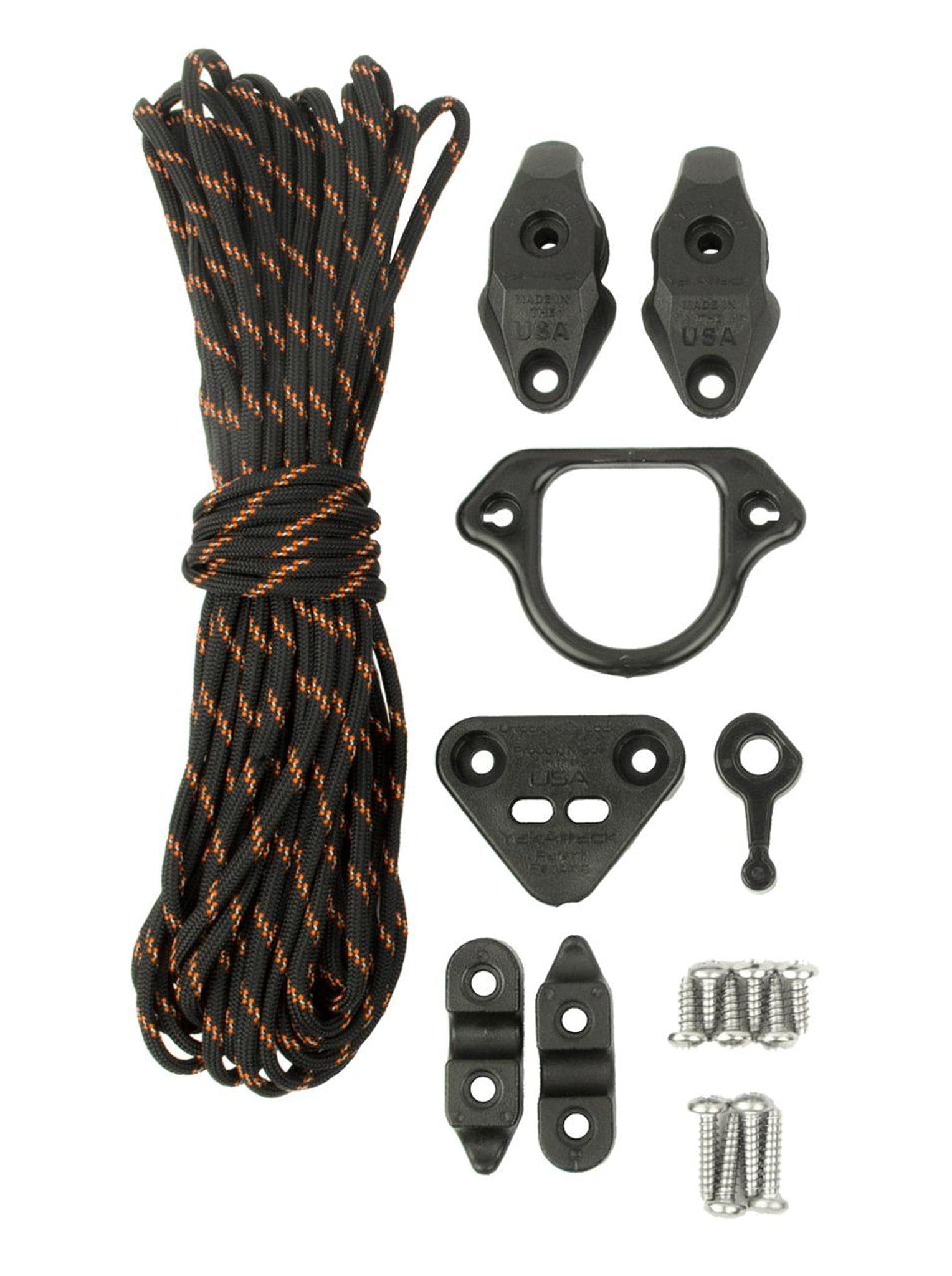 The LeverLoc Anchor Trolley by YakAttack includes a black and orange cord, two cleats, a LeverLoc U-shaped bracket, stopper, screws, and brackets—ideal for securing your kayak's anchor trolley.