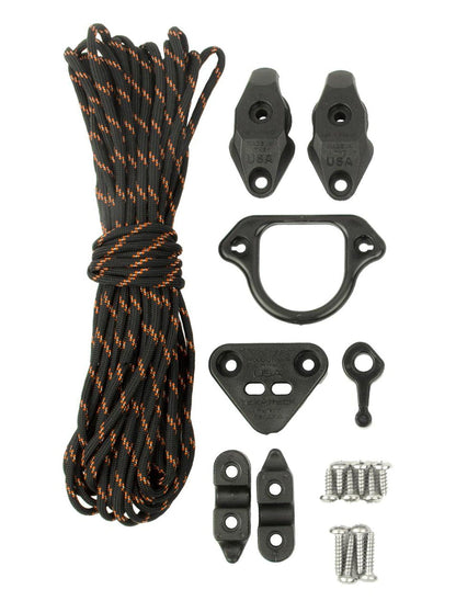 The LeverLoc Anchor Trolley by YakAttack includes a black and orange cord, two cleats, a LeverLoc U-shaped bracket, stopper, screws, and brackets—ideal for securing your kayak's anchor trolley.