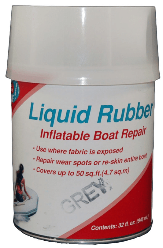 Featuring the Liquid Rubber Inflatable Coating adhesive, glue, kayak care, kayak repair, raft d-ring, raft fabric, sup care, sup repair manufactured by Inland Marine shown here from one angle.