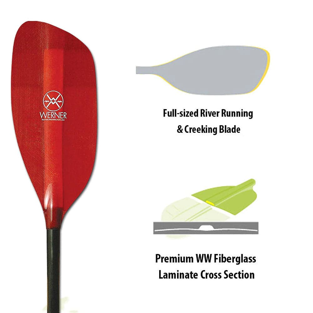 Featuring the Powerhouse Fiberglass fiberglass whitewater paddle manufactured by Werner shown here from a fifth angle.