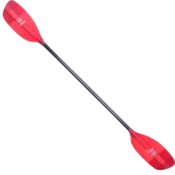 Werner Paddles' Powerhouse Fiberglass kayak paddle features a red double-ended design with a black shaft, branded logos on each blade, and a balanced blade ideal for river running.