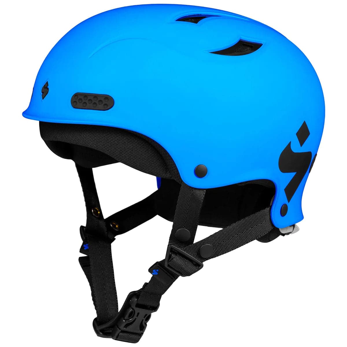 The Sweet Protection Wanderer II Helmet, a blue impact-resistant helmet with black straps and logo, features an Occigrip tensioning system for a secure fit. It has top ventilation holes and a chin buckle for added stability.