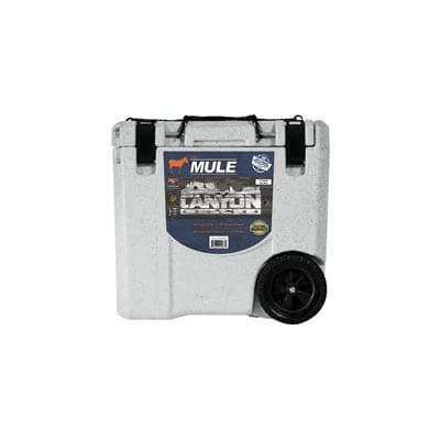 The Canyon Coolers Mule 30 Cooler features a rugged design with hard wheels and a sturdy handle, ideal for tough adventures.