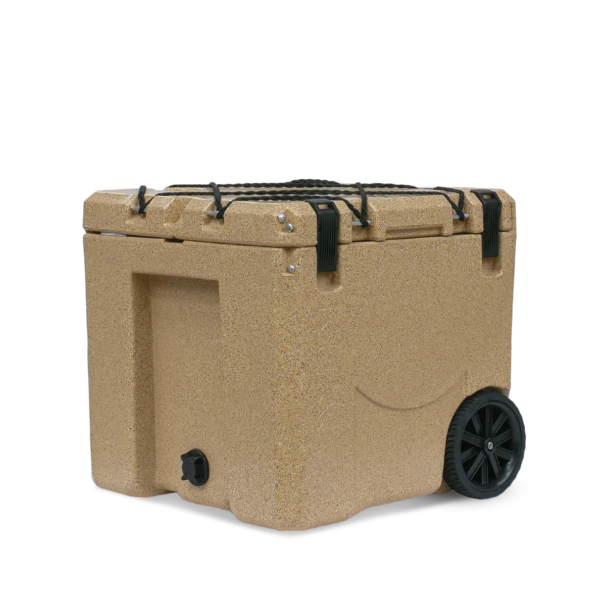 The Canyon Coolers Mule 30 Cooler in tan has strong hard wheels, black handles, and clasps. It includes a front spout for easy draining, perfect for outdoor adventures.