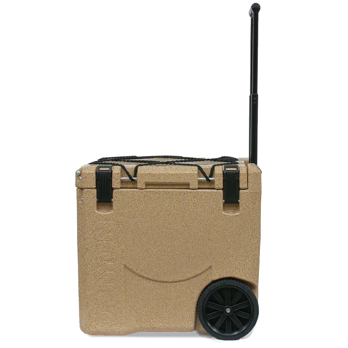 The Canyon Coolers Mule 30 Cooler has a tan design, retractable black handle, hard wheels for easy transport, and dual secure front latches—ideal for keeping your items safe and cool during any adventure.