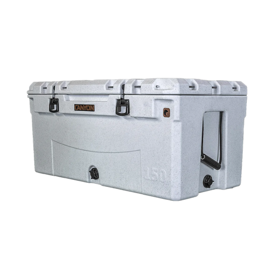 The Navigator Pro 150 Raft Cooler by Canyon Coolers is a large, gray rotomolded cooler with black handles and latches, featuring "Canyon 150" on the side. It offers durability and reliability, supported by a lifetime warranty for peace of mind.