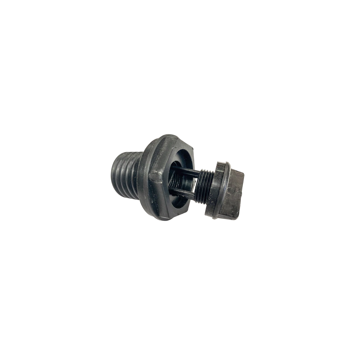 Close-up of a Canyon Coolers Replacement Cooler Drain Plug, showcasing its high-flow black plastic threaded design with multiple components and a central spring mechanism.