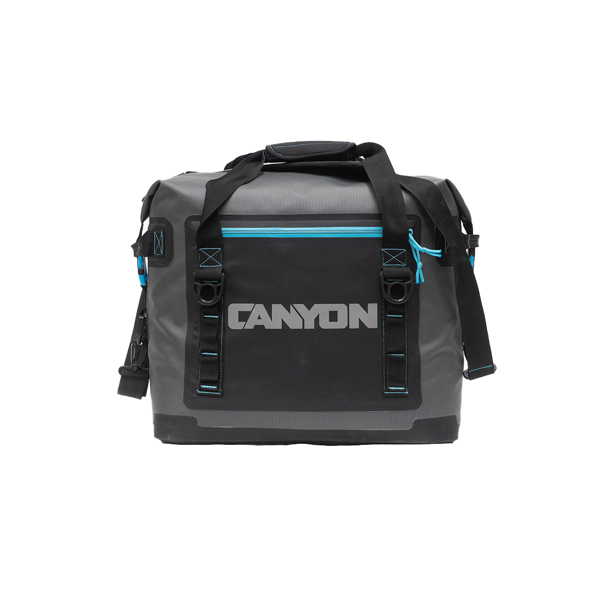 Gray and black duffel bag branded "Canyon," from the Canyon Coolers Nomad Series Soft Cooler, includes a front waterproof zipper pocket, top handles, and an adjustable shoulder strap.