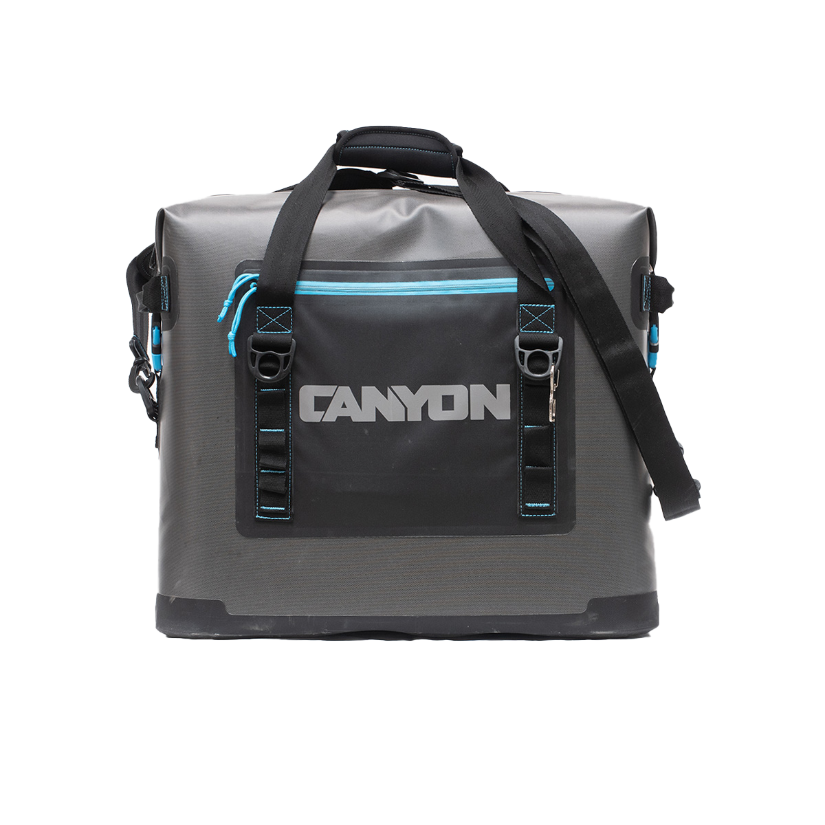 The Canyon Coolers Nomad Series Soft Cooler is a gray and black duffel bag with "Canyon" printed on the front, featuring blue accents, a waterproof zipper, two handles, and an adjustable shoulder strap, crafted for any adventure.