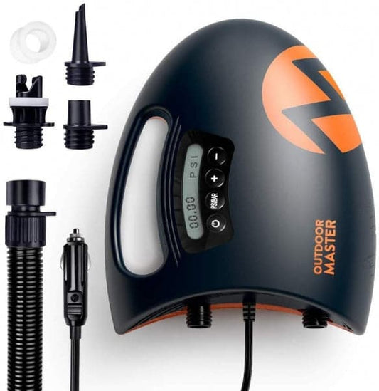 Featuring the Shark II 12V HP Pump electric pump, sup pump manufactured by Outdoor Master shown here from one angle.