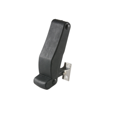 A black plastic clip with a metal hinge, the Canyon Spare Latch from Canyon Coolers, designed for securing objects, stands upright against a plain gray background.