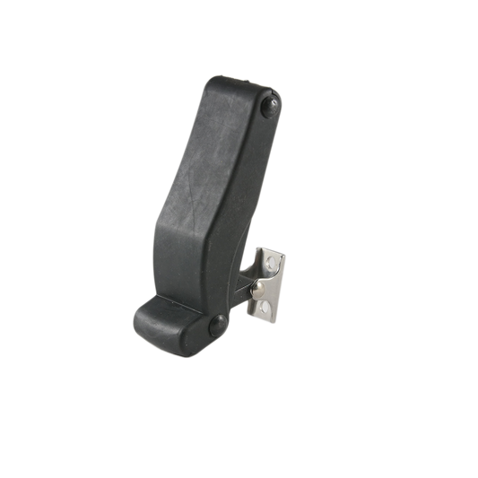 A black plastic clip with a metal hinge, the Canyon Spare Latch from Canyon Coolers, designed for securing objects, stands upright against a plain gray background.