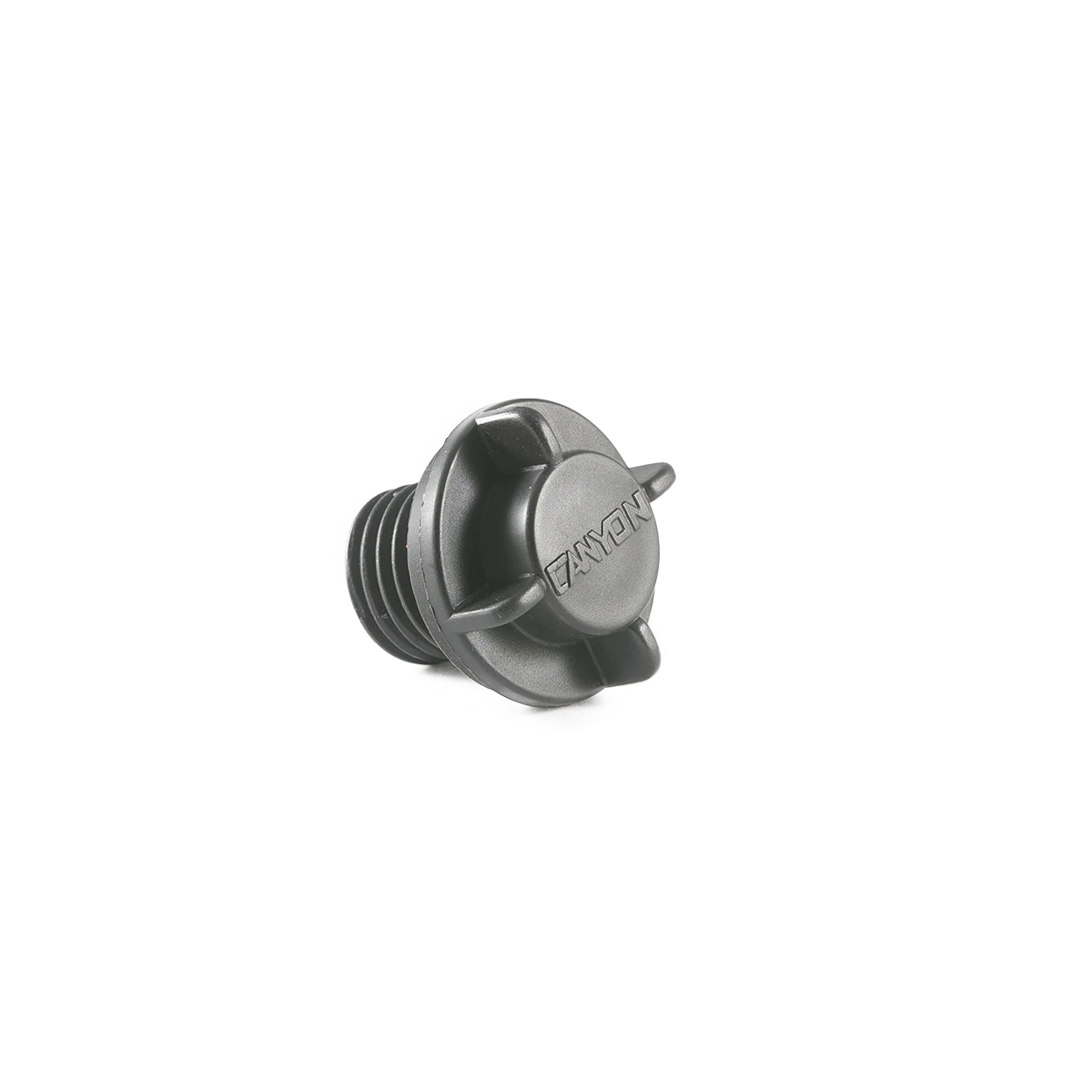 A black, two-pronged plastic oil filler cap with side lugs for high flow efficiency is displayed against a white background; it’s a Canyon Coolers Replacement Cooler Drain Plug.