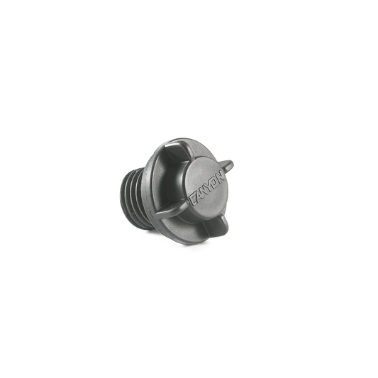 A black, two-pronged plastic oil filler cap with side lugs for high flow efficiency is displayed against a white background; it’s a Canyon Coolers Replacement Cooler Drain Plug.
