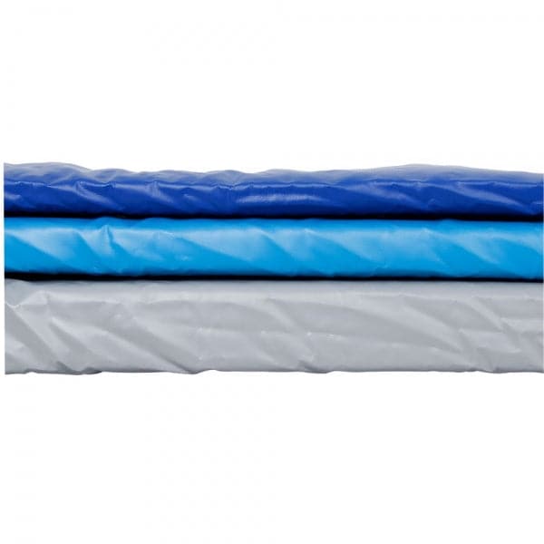 A stack of three folded waterproof PVC tarps from Jacks Plastic Welding's Super Paco Pad line displays blue, light blue, and gray on a white background.