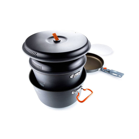 The GSI Outdoors Pinnacle LG Pot Set is a stackable camping cookware set with non-stick coated pots, lids, and foldable handles, ideal for camp kitchens.
