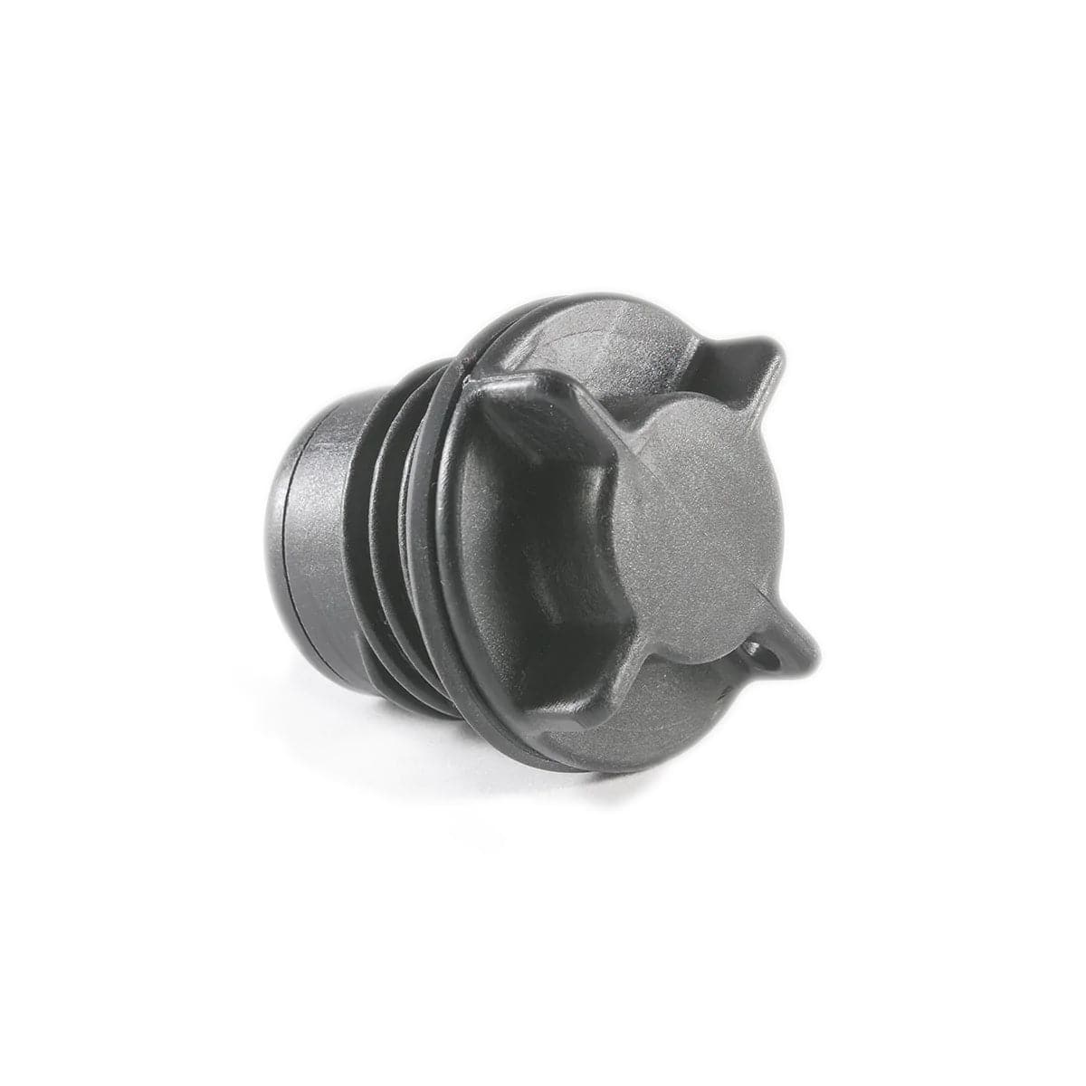 The Replacement Cooler Drain Plugs by Canyon Coolers feature a black plastic design with a ridged cylindrical base and a flat, cross-shaped top, ensuring high flow drainage efficiency.