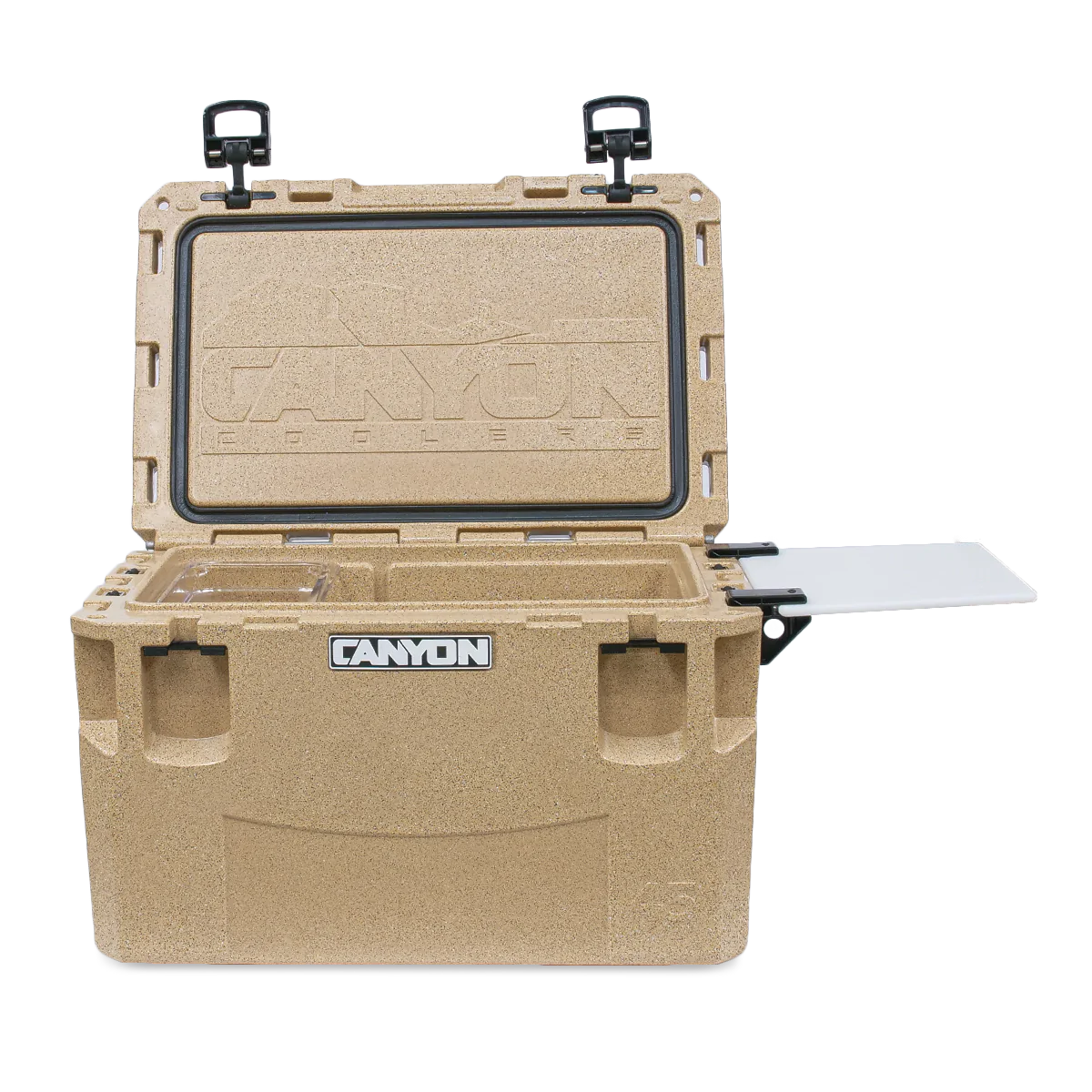 The tan PRO Series Coolers by Canyon Coolers feature an open lid that reveals an insulated interior for superior ice retention. A handy cutting board is attached to the side, and it includes a lifetime warranty.