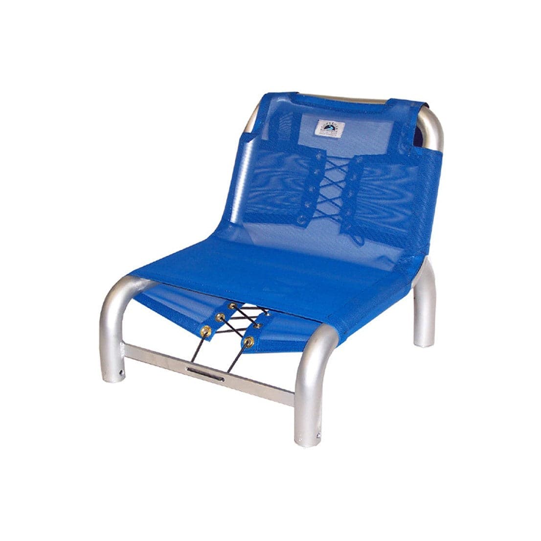The Down River Equipment Captains Chair features a blue mesh seat with a sturdy aluminum frame and laced design, providing a durable mesh experience.