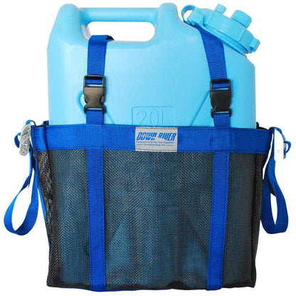The blue 20L water container with a large handle fits securely in the Down River Equipment’s Water Jug Harness. The black and blue mesh carrier provides durable support while optimizing storage space on your adventures.